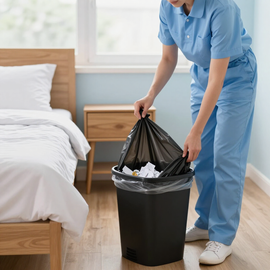 Hotel housekeeper in blue uniform changing a trash bag beside a bed in a bright room