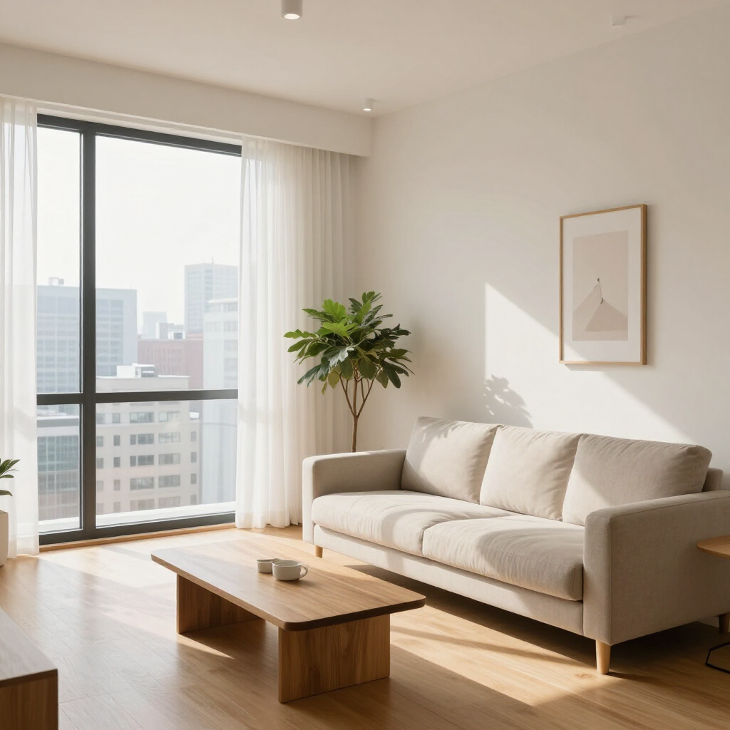 Bright modern living room with beige sofa, wooden coffee table, plant, and city view through large windows