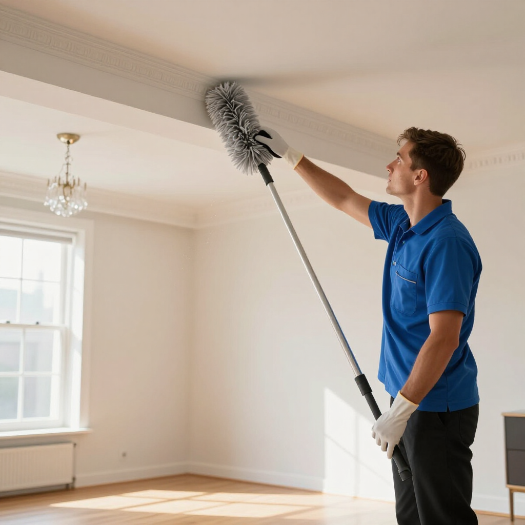 Person dusting a ceiling with an extension duster in a bright empty room
