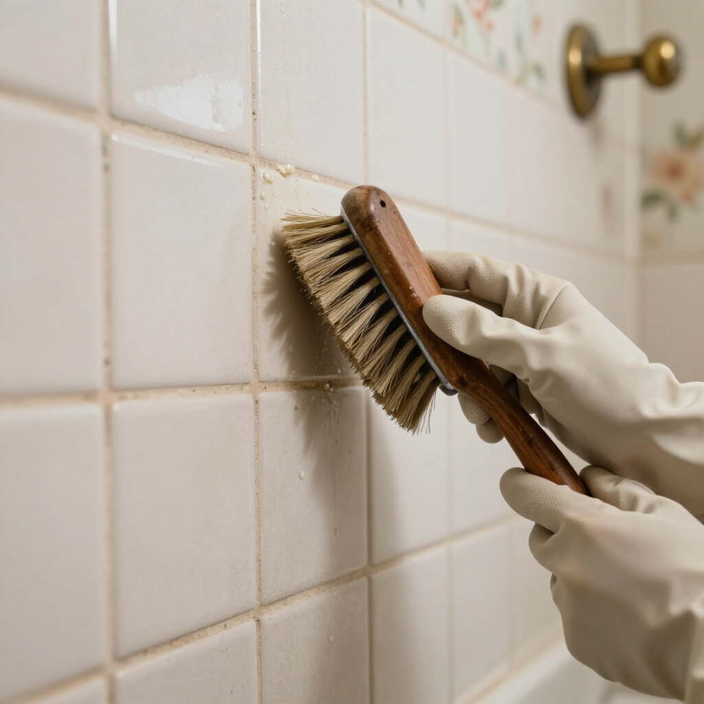 Gloved hands scrubbing beige bathroom tiles with a brush near a faucet