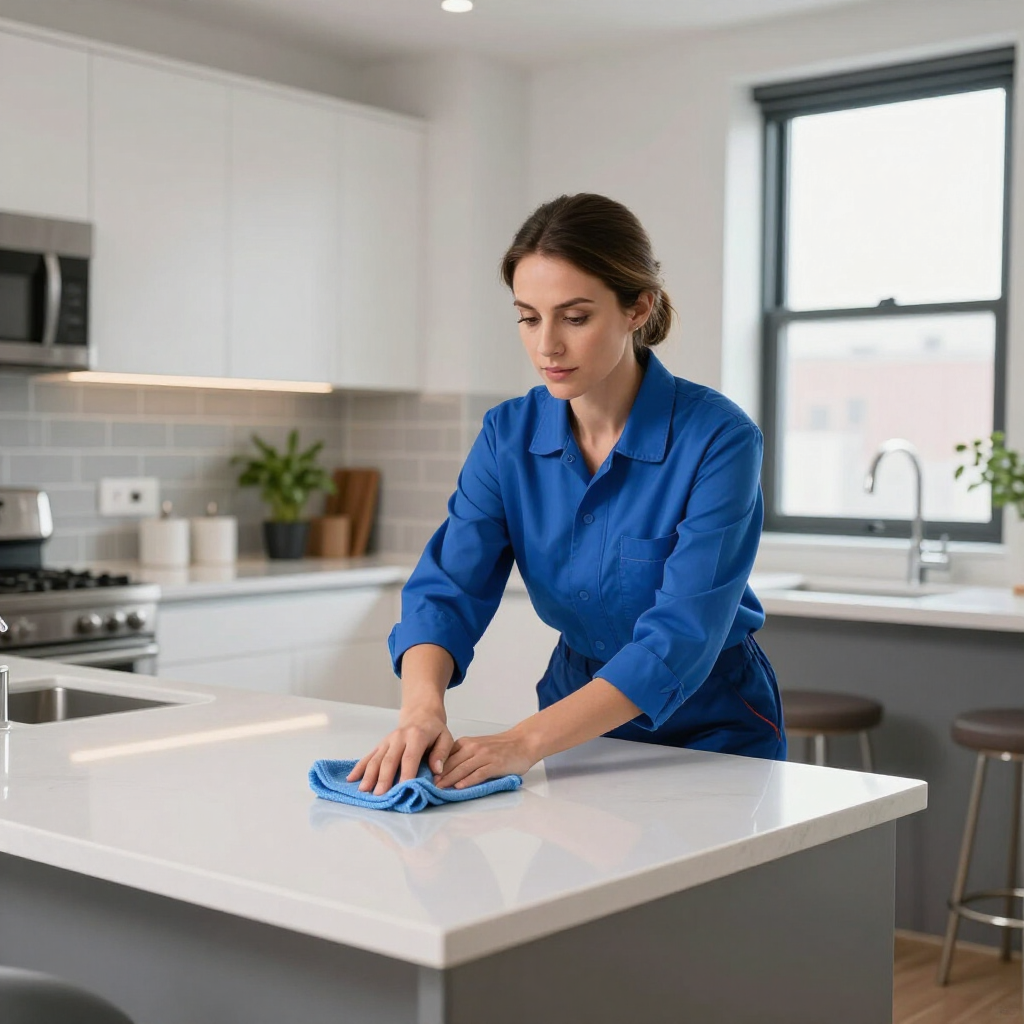 Woman wiping a kitchen island with a blue cloth in a bright modern kitchen