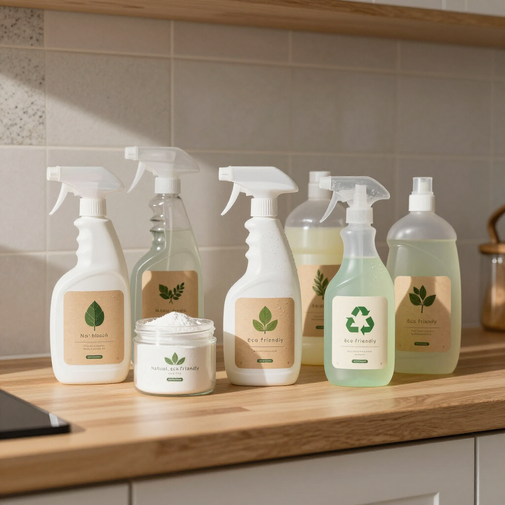 Assorted eco-friendly cleaning spray bottles and jars on a wooden kitchen counter.