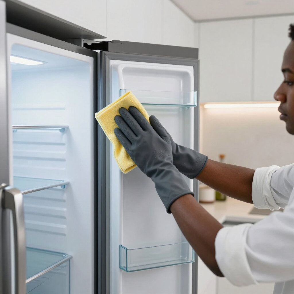 Person cleaning an open refrigerator with a yellow cloth in a modern kitchen.