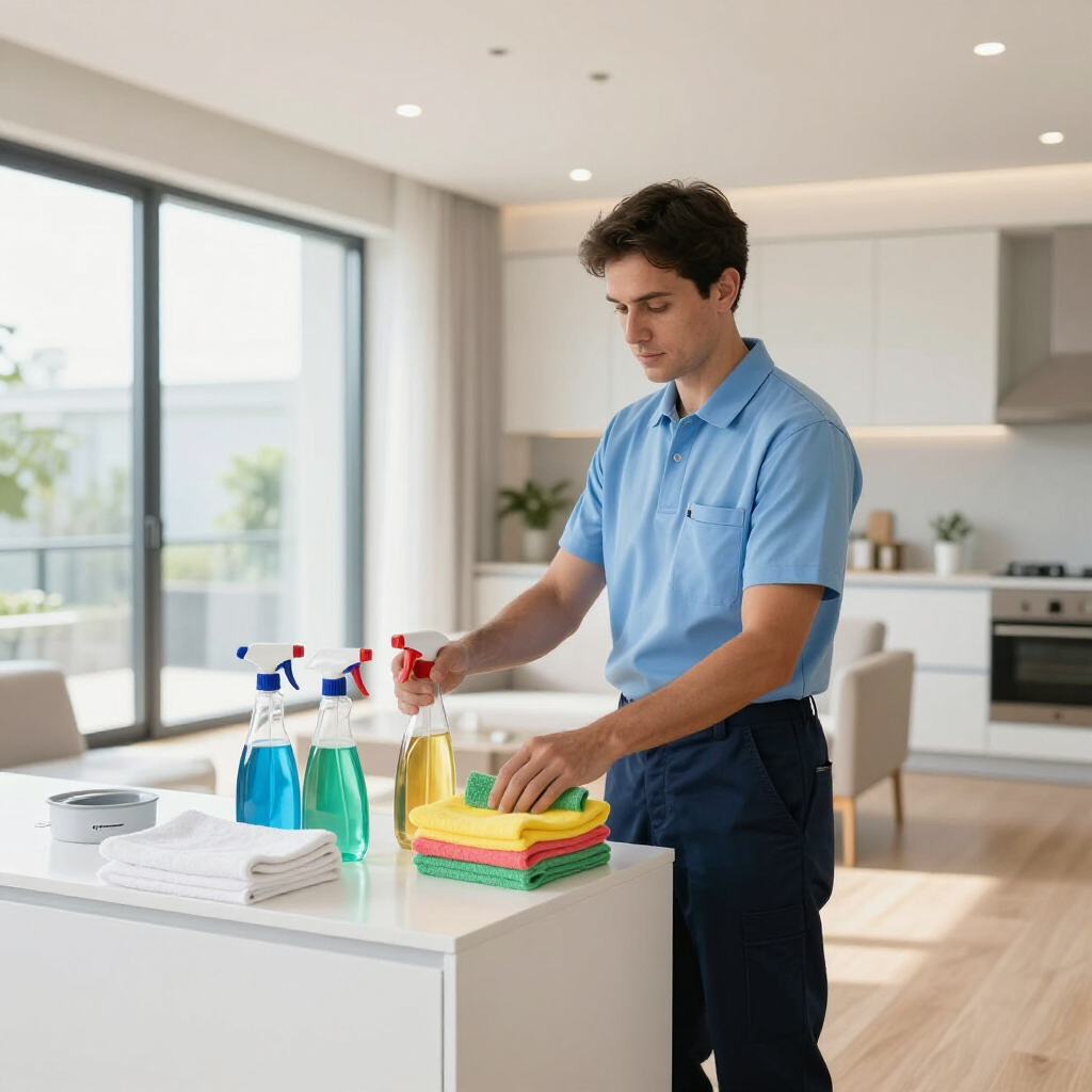 Person cleaning a kitchen counter with spray bottles and cloths in a bright modern kitchen