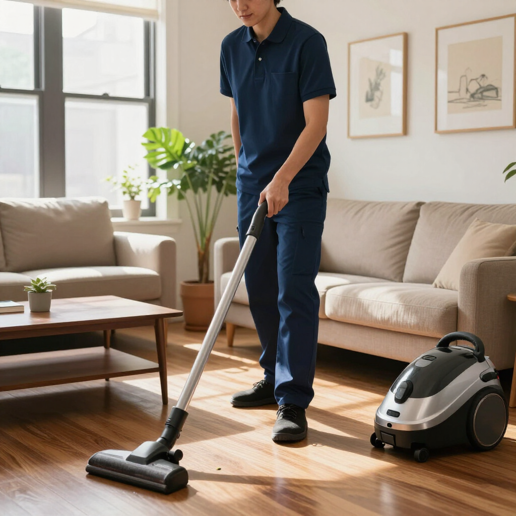 Person vacuuming a sunlit living room with a canister vacuum beside the sofa.