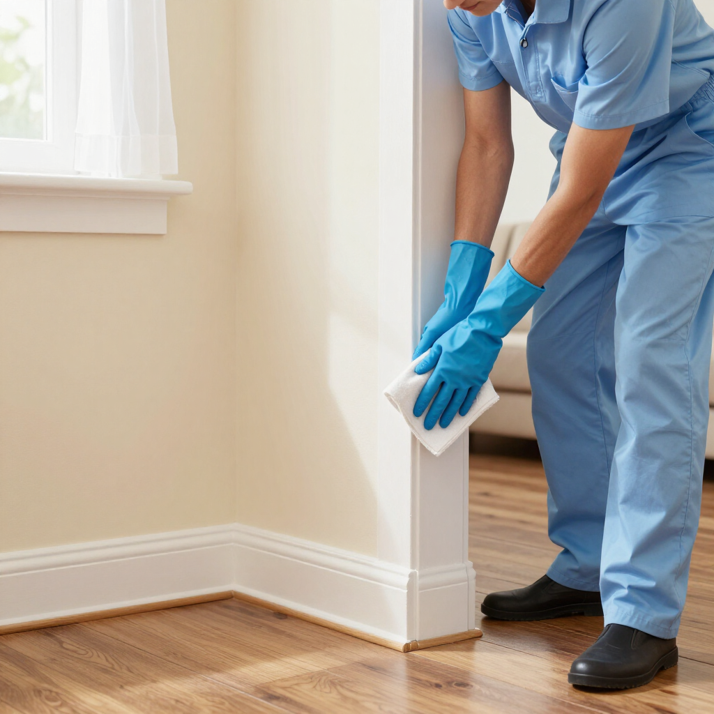 Cleaner wiping a white wall corner with a cloth, wearing blue gloves and uniform in a bright room