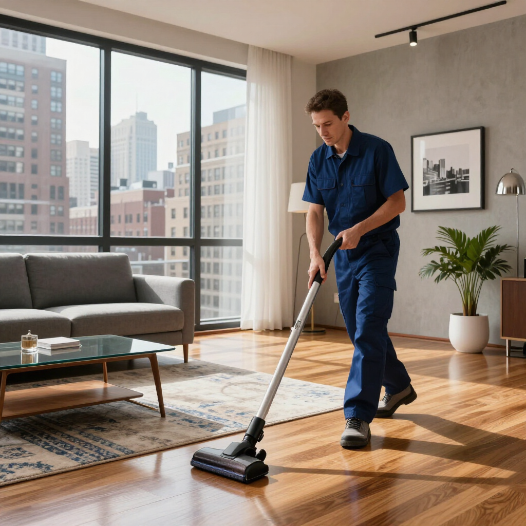 Man vacuuming a sunlit living room with hardwood floors, gray sofa, and large windows.