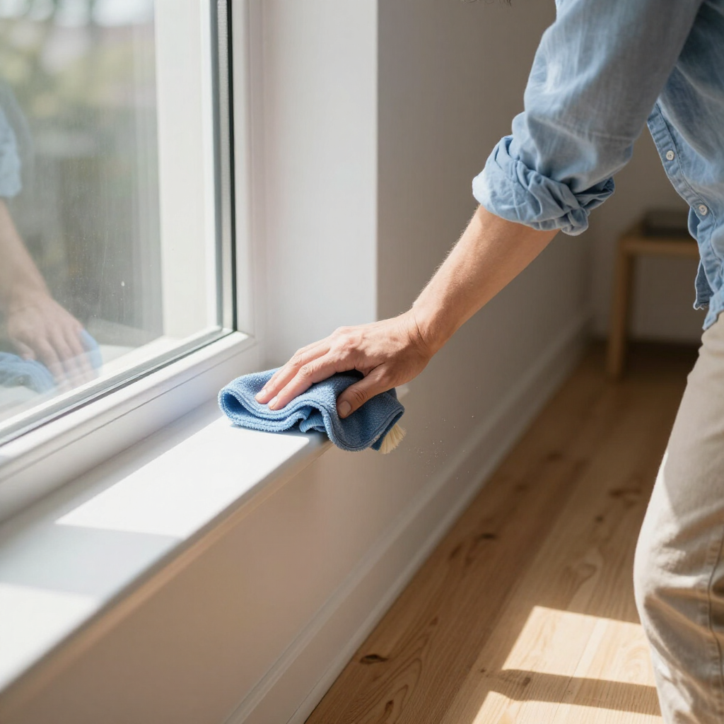 Person wiping a white windowsill with a blue cloth in a sunlit room.
