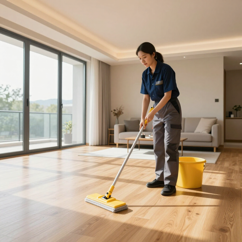 Person mopping a sunlit hardwood floor in a modern living room with a yellow bucket