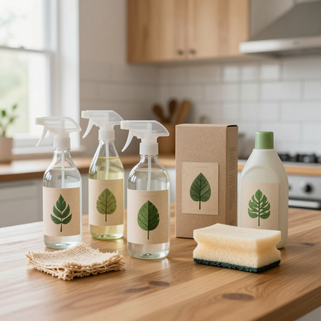 Eco-friendly cleaning supplies on a wooden kitchen counter: spray bottles, paper carton, liquid bottle, sponge, and cloth.