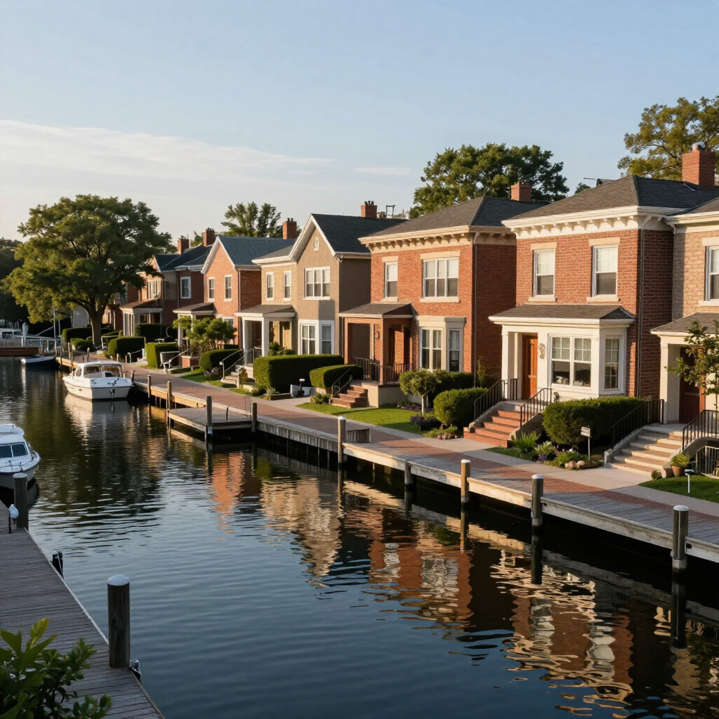 Sunlit waterfront row of brick and tan townhouses beside a calm canal with reflections