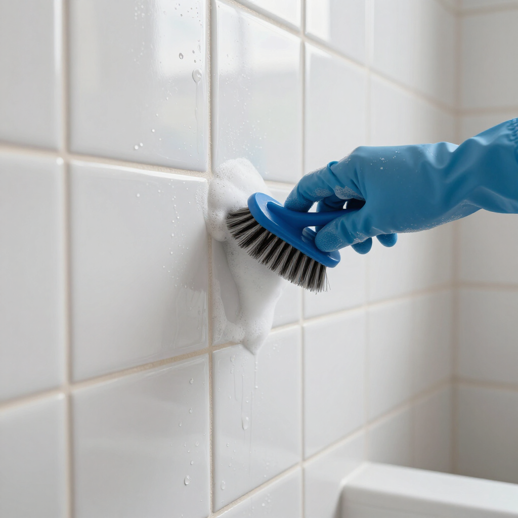 Blue-gloved hand scrubbing a white tiled bathroom wall with soap foam