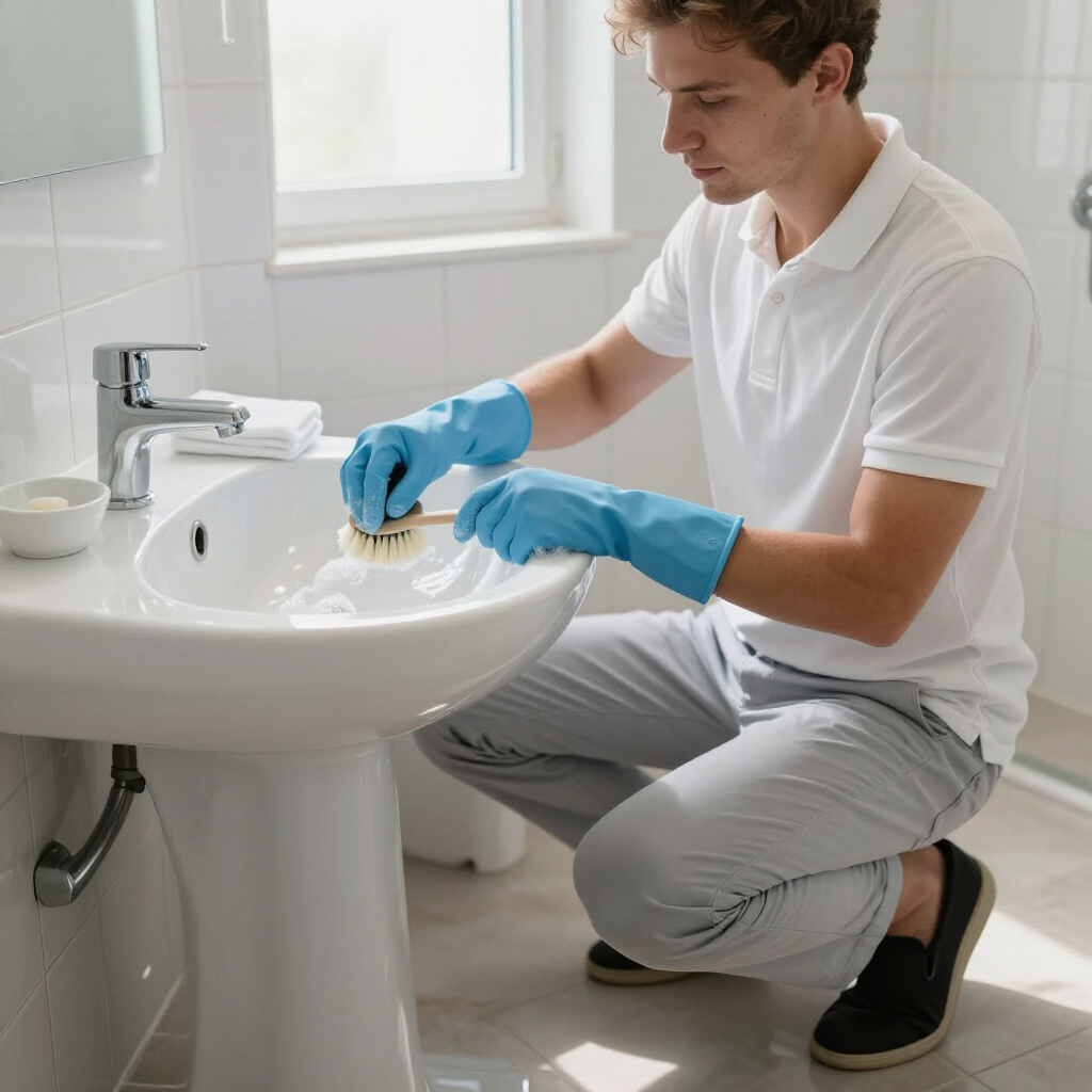 Person in blue gloves cleaning a bathroom sink with a brush beside a white toilet.