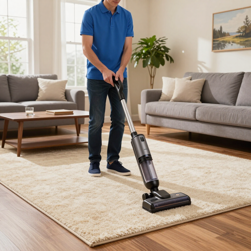 Person vacuuming a cream rug in a bright living room with a gray sofa and coffee table