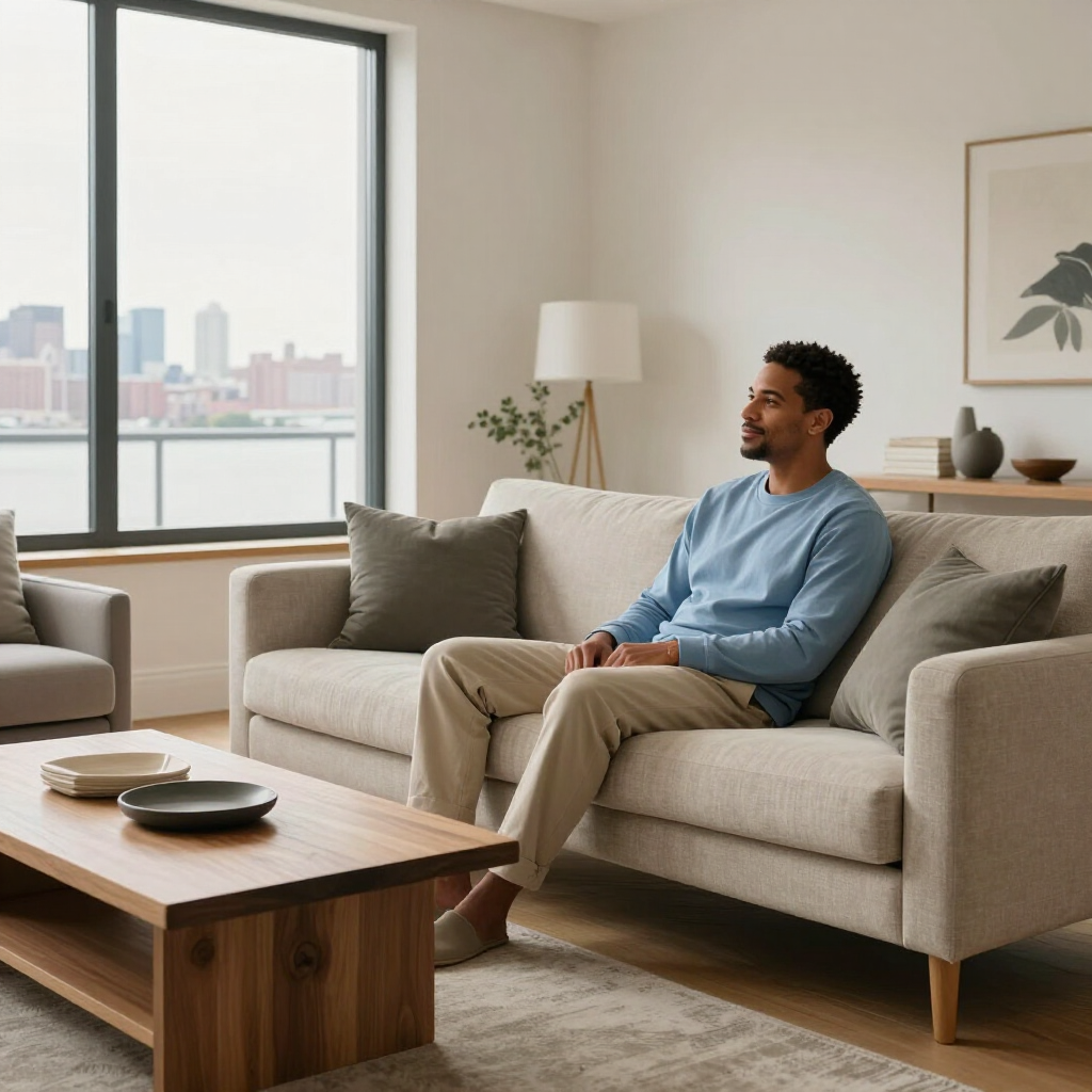 Person sitting on a beige sofa in a bright living room with a large window and city view