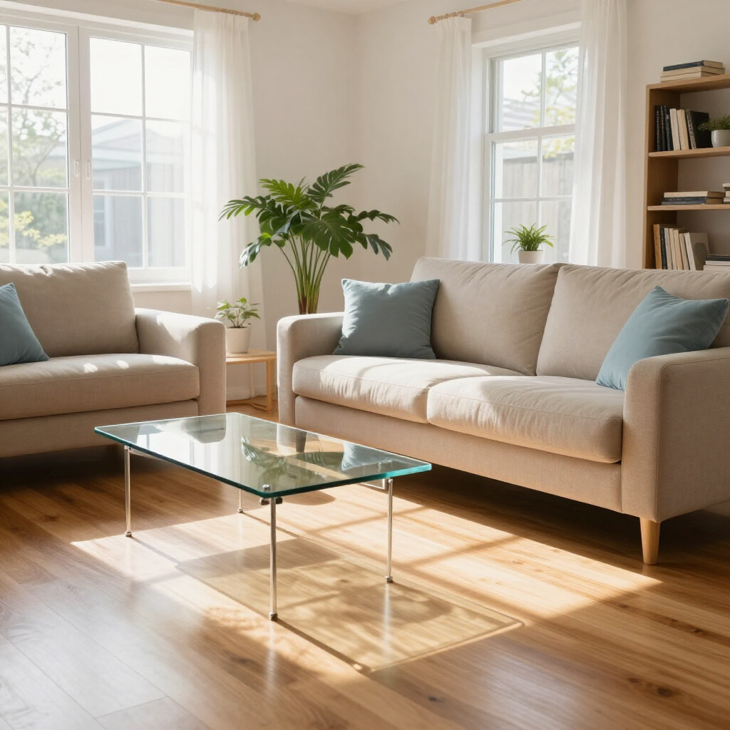 Bright living room with beige sofas, glass coffee table, wooden floor, and sunlight through large windows