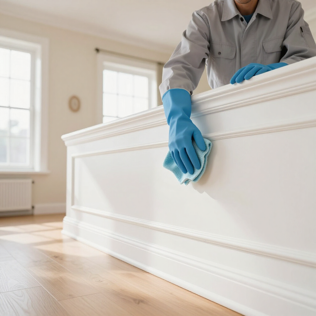 Worker in blue gloves cleaning a white interior wall in a bright room