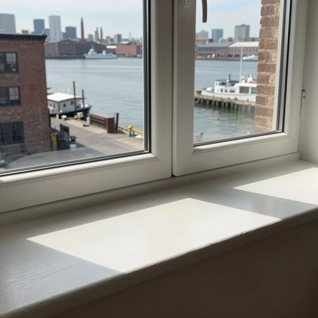 Sunlit windowsill overlooking a river and docked boats in an urban waterfront view