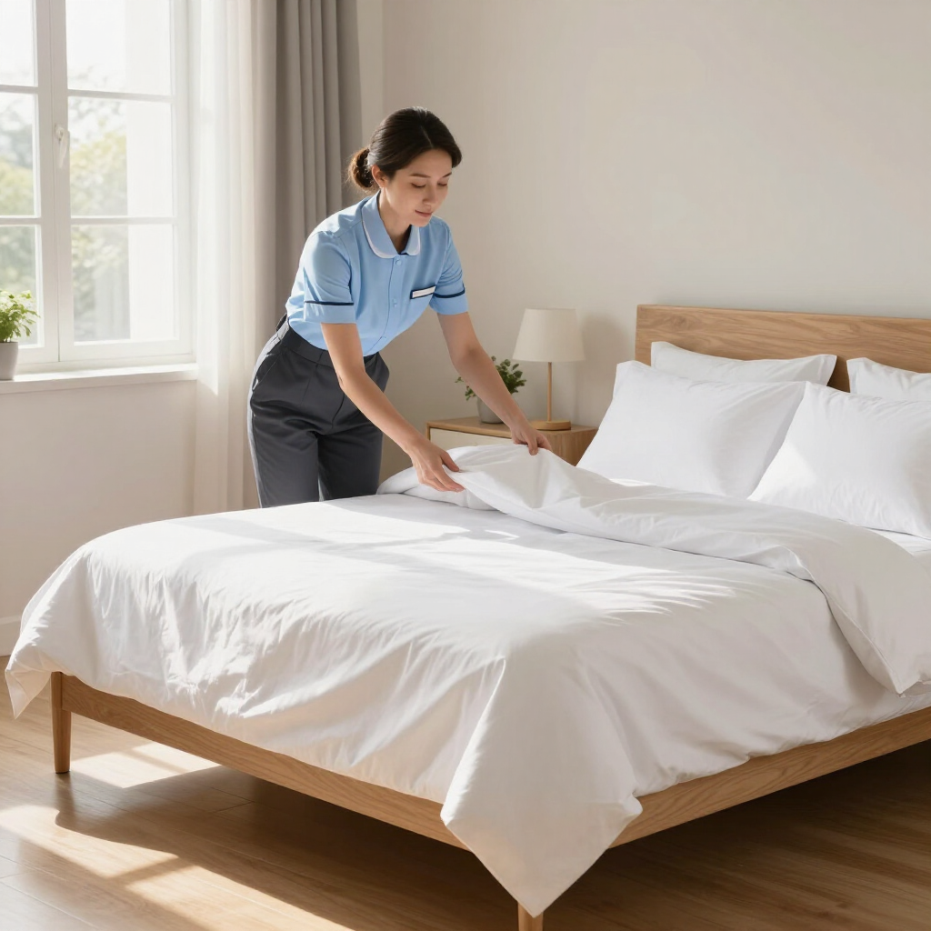 Hotel housekeeper making a white bed in a bright, tidy room
