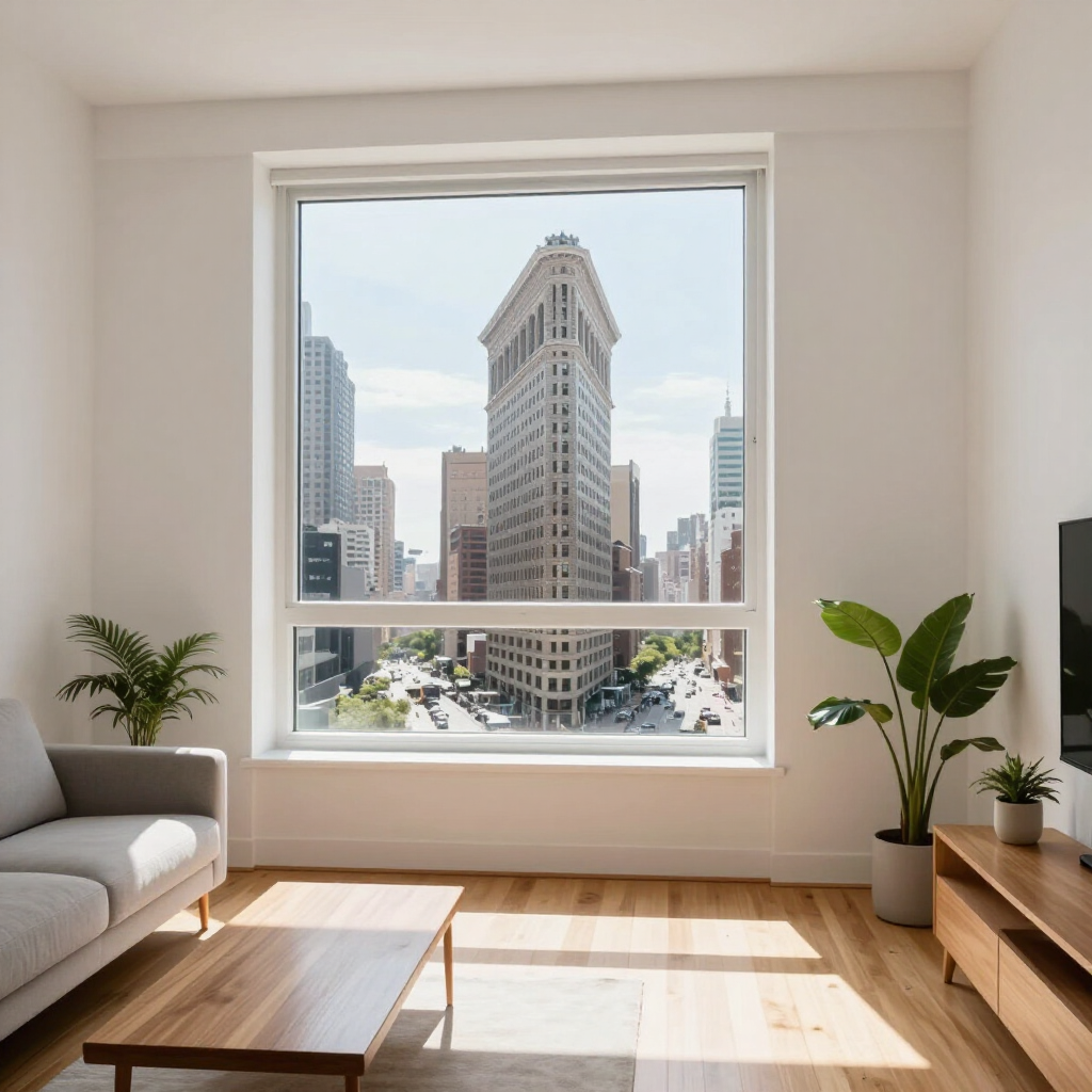 Bright living room with a large city view through a window, wood furniture, and potted plants.