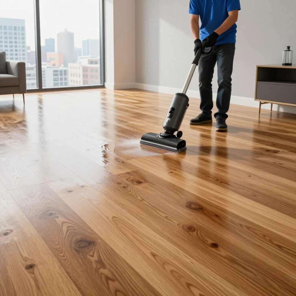 Person vacuuming a shiny hardwood floor in a bright empty room with city windows