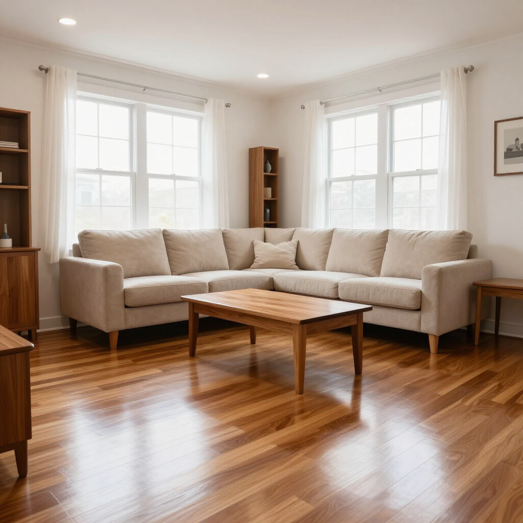 Bright living room with beige sectional sofa, wooden coffee table, and hardwood floors by large windows