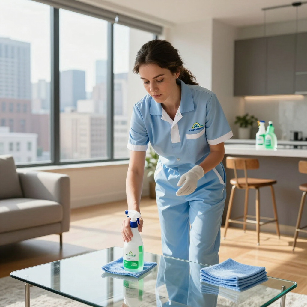 Cleaner in blue uniform disinfecting a glass table in a bright living room