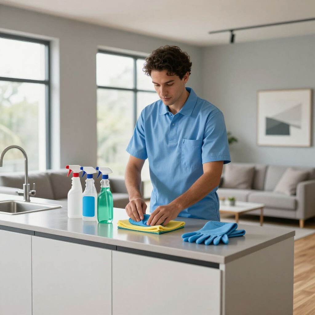 Person cleaning a kitchen island with spray bottles and cloths in a bright modern home