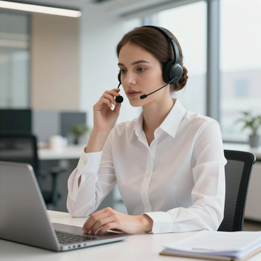 Office worker wearing a headset, speaking on a laptop call at a desk in a bright office