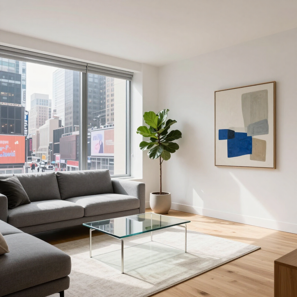 Modern living room with gray sofa, glass coffee table, large city window, and abstract wall art