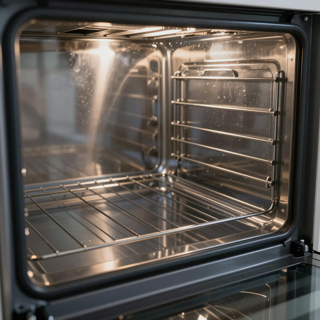 Stainless steel oven interior with wire racks and warm light reflecting on the door glass