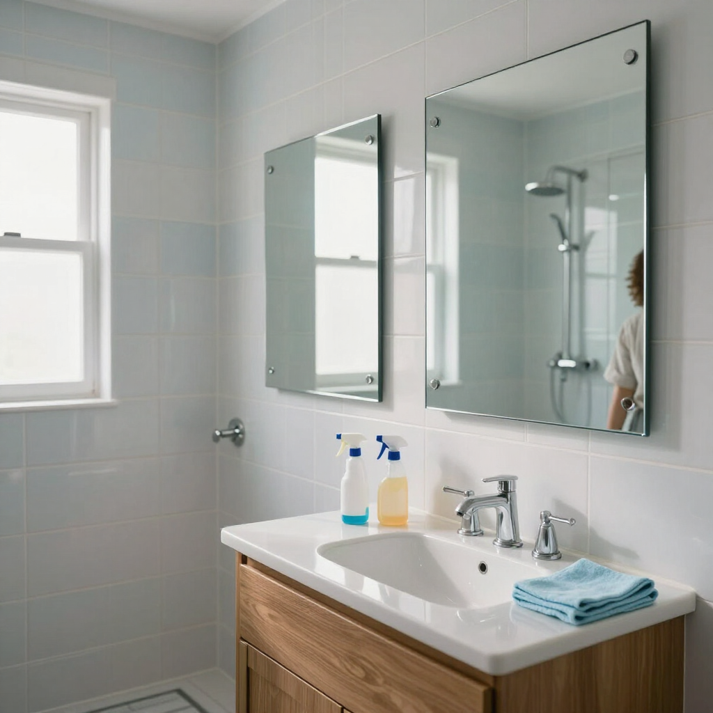 Bright bathroom with sink vanity, mirror cabinets, window, and shower reflected in the mirror.