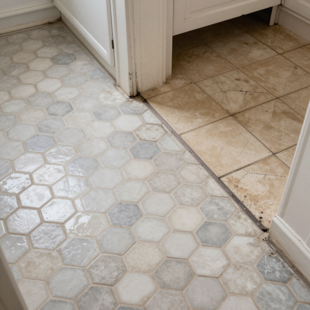 Bathroom floor transition between worn white hex tiles and beige square tiles at a doorway