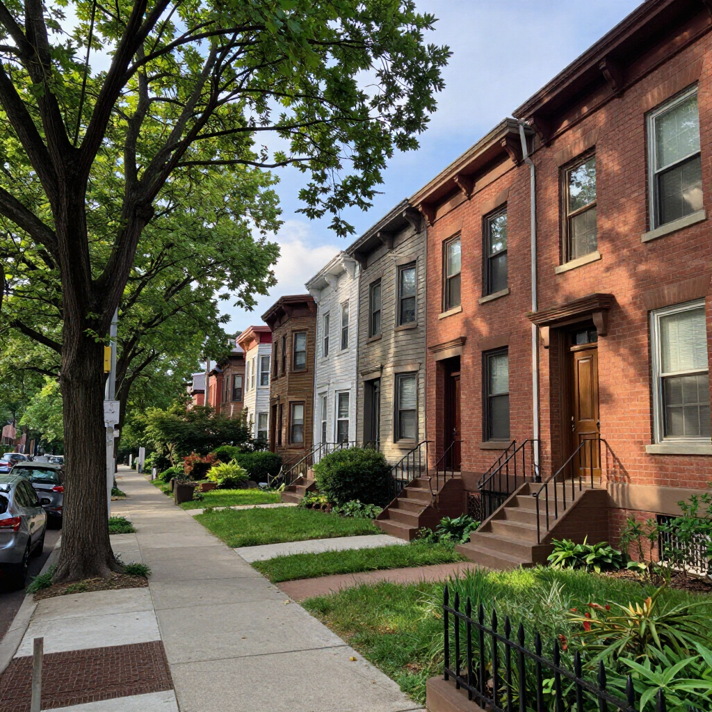 Tree-lined sidewalk beside brick and stone row houses on a sunny residential street