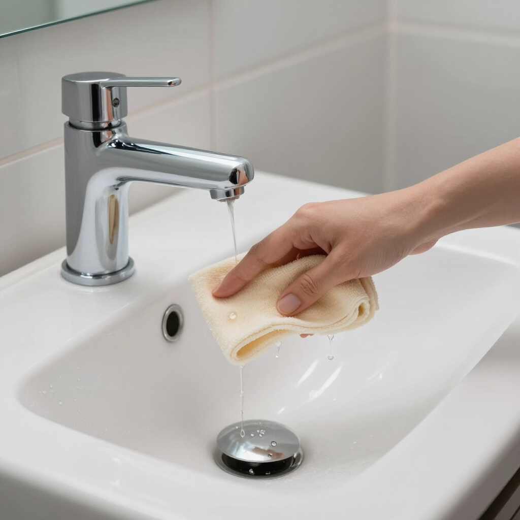 Hand washing a white bathroom sink under a chrome faucet with a beige cloth