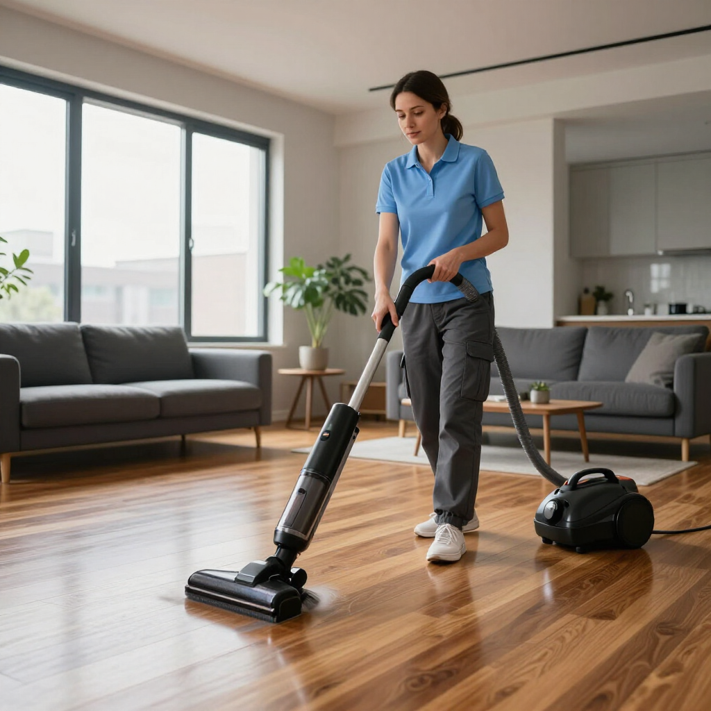 Person vacuuming a hardwood floor in a modern living room with a black vacuum cleaner