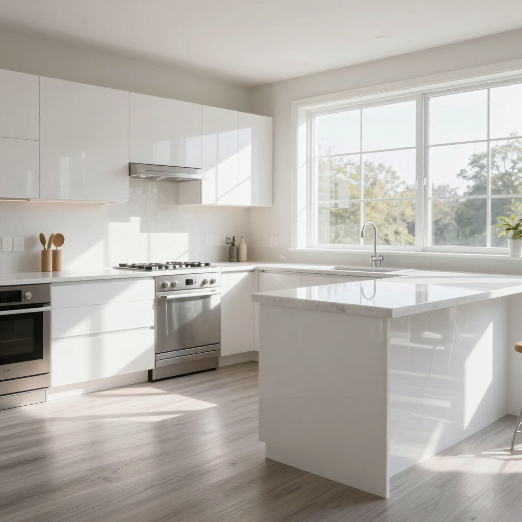 Bright modern white kitchen with island, stainless steel appliances, and large sunlit window