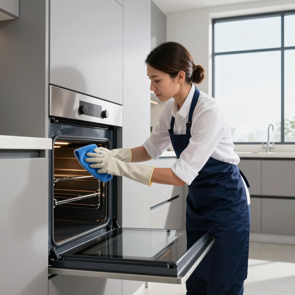 Person cleaning an open oven in a modern kitchen with a blue cloth and yellow gloves