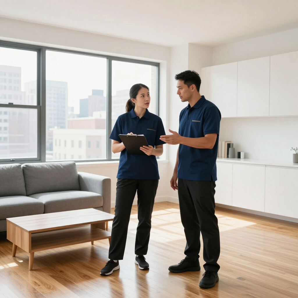 Two coworkers in navy polos discussing a clipboard in a bright modern apartment living room