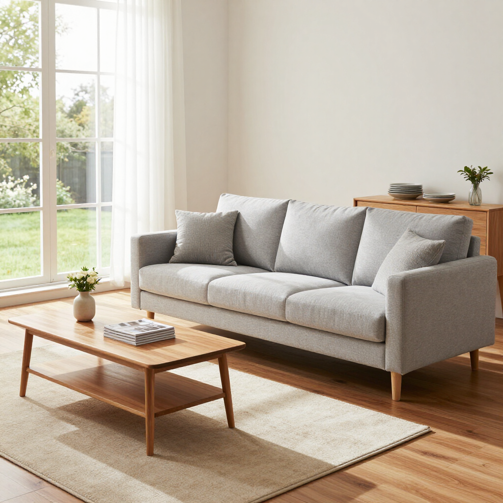 Bright living room with gray sofa, wooden coffee table, and sunlight by a window