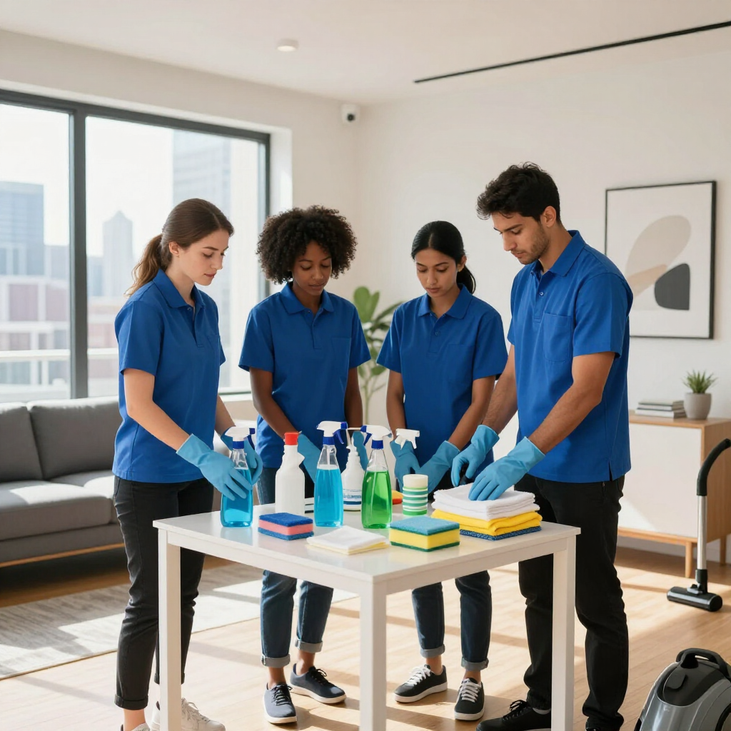 Four cleaners in blue uniforms disinfecting a table with spray bottles and cloths in a bright living room