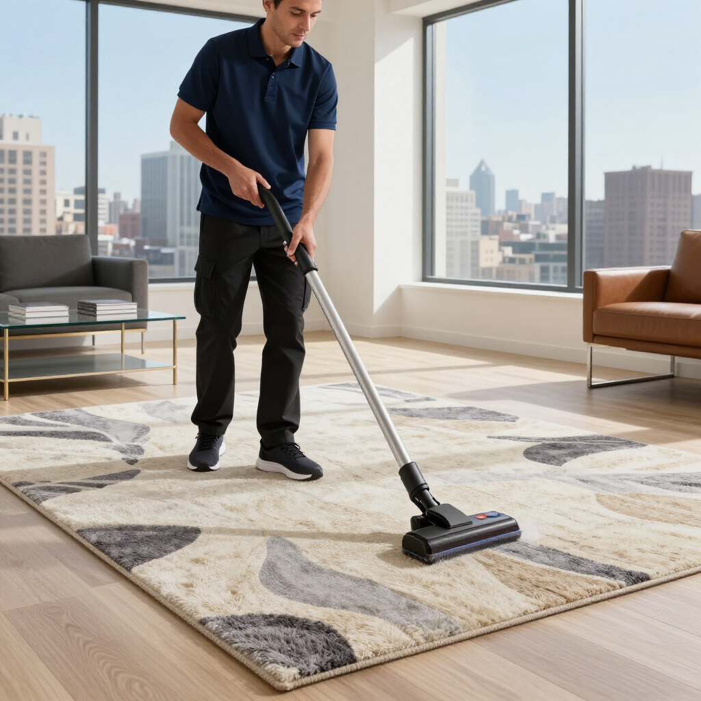 Man vacuuming a patterned rug in a bright living room with city windows.