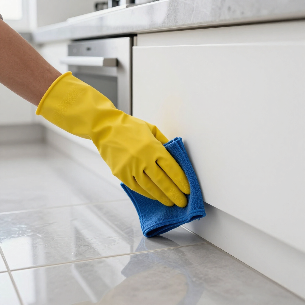 Yellow-gloved hand wiping a white cabinet with a blue cloth on a tiled floor