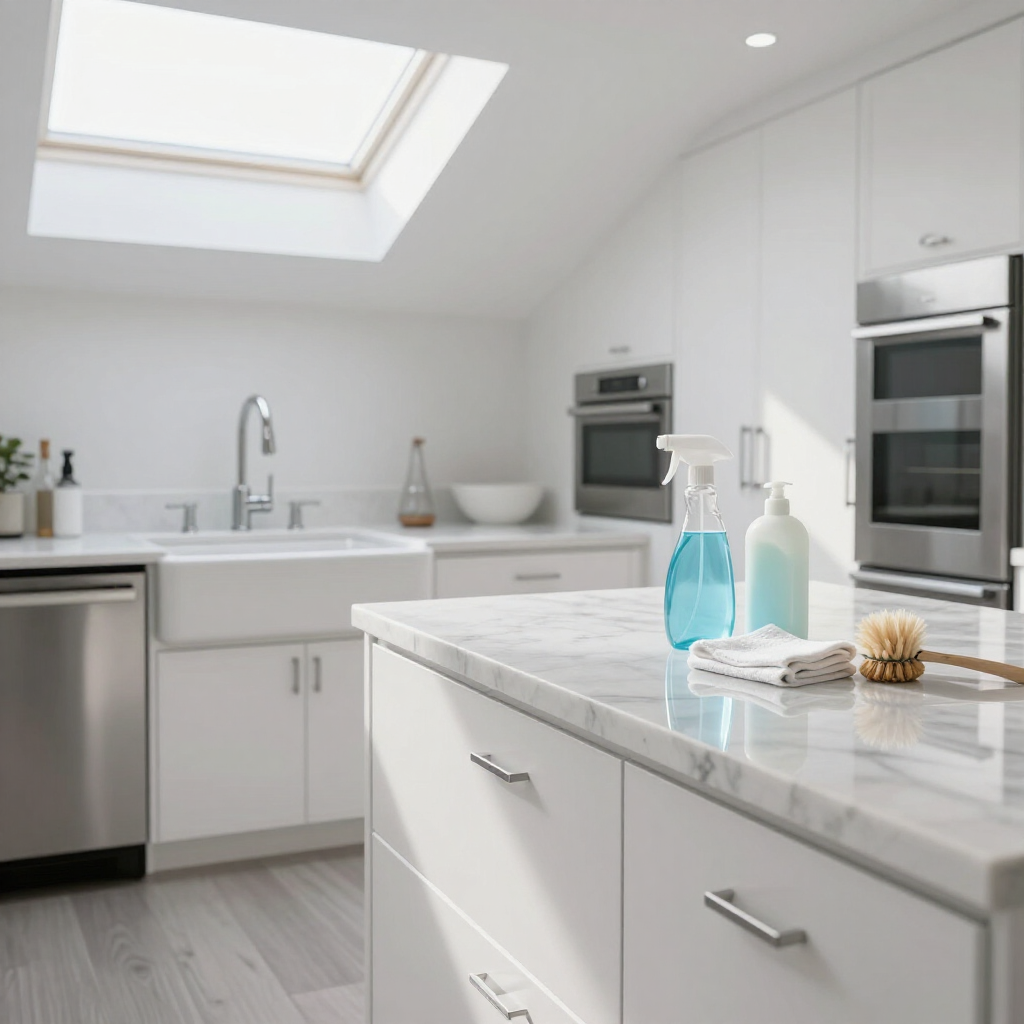 Bright white modern kitchen with skylight, marble island, stainless appliances, and blue cleaning bottles on the counter