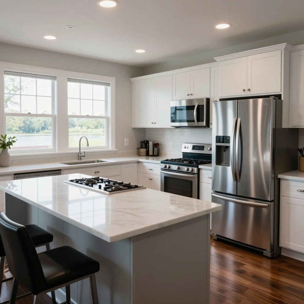 Modern kitchen with white cabinets, stainless steel appliances, and a large island by a bright window