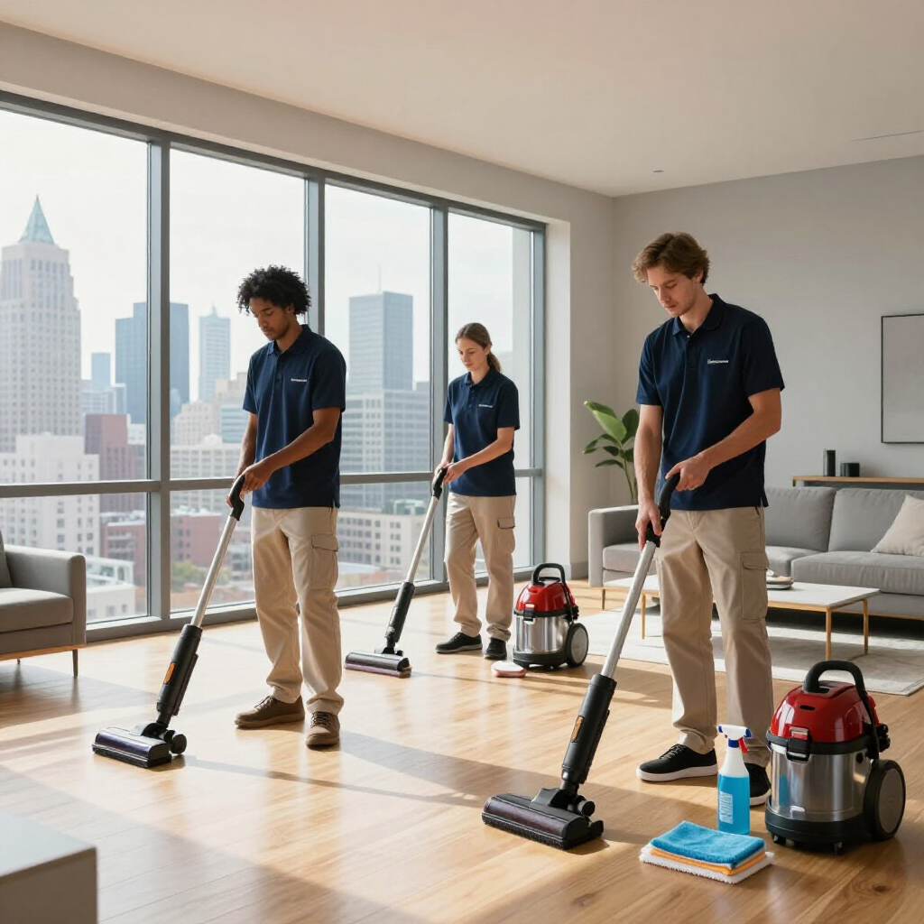 Three cleaners vacuuming a bright modern office with floor-to-ceiling windows and city views
