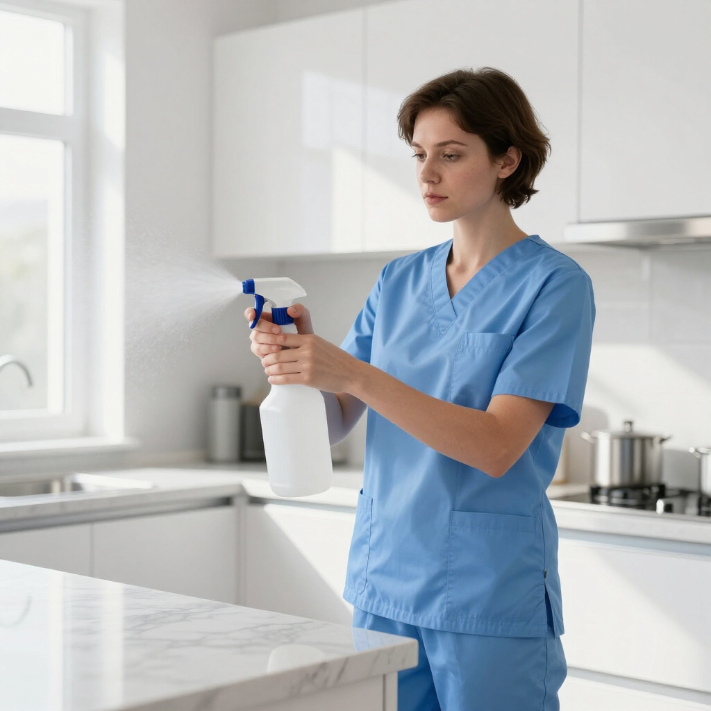 Person in blue scrubs cleaning a white kitchen counter with a spray bottle.