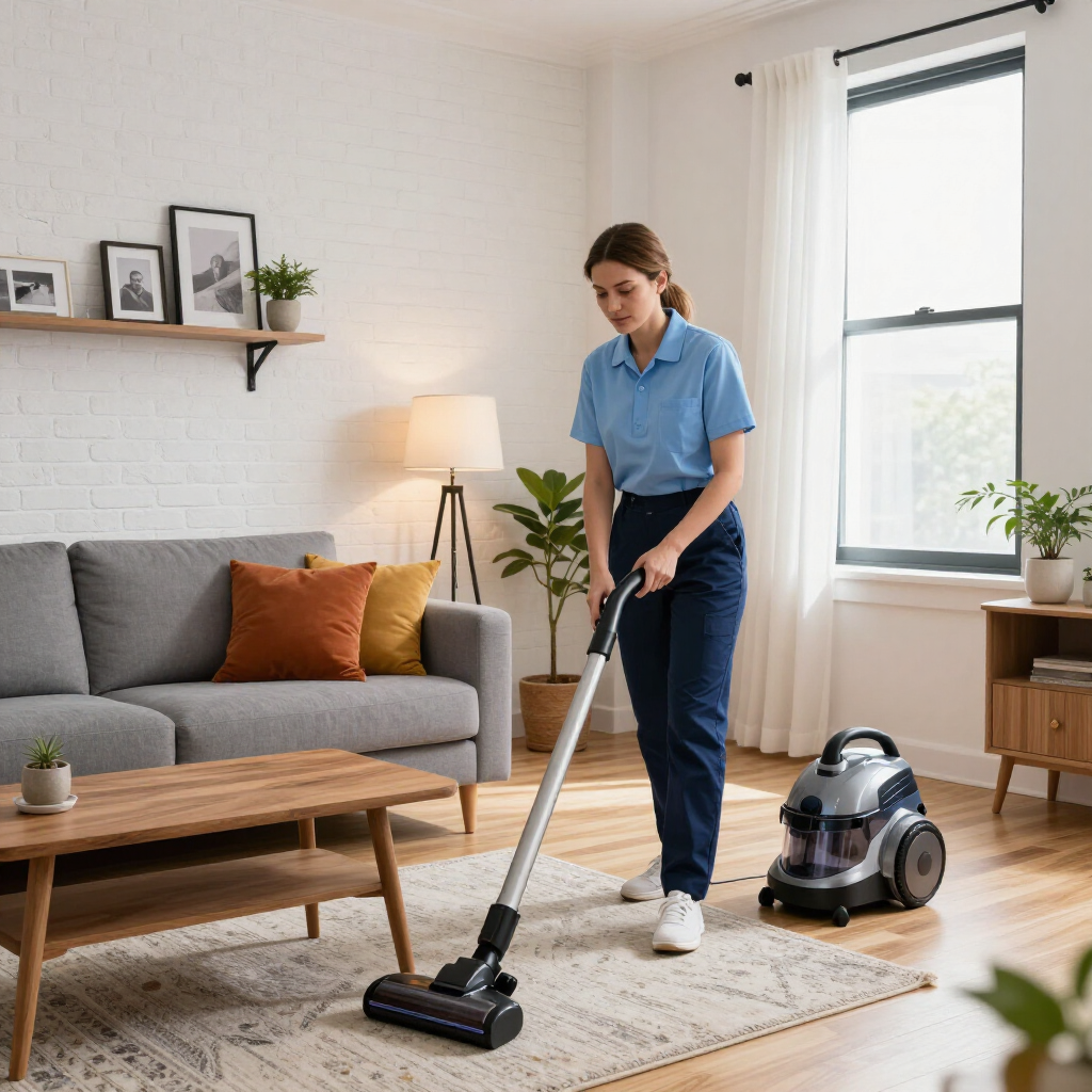 Woman vacuuming a living room with a gray couch, wooden table, and bright window.