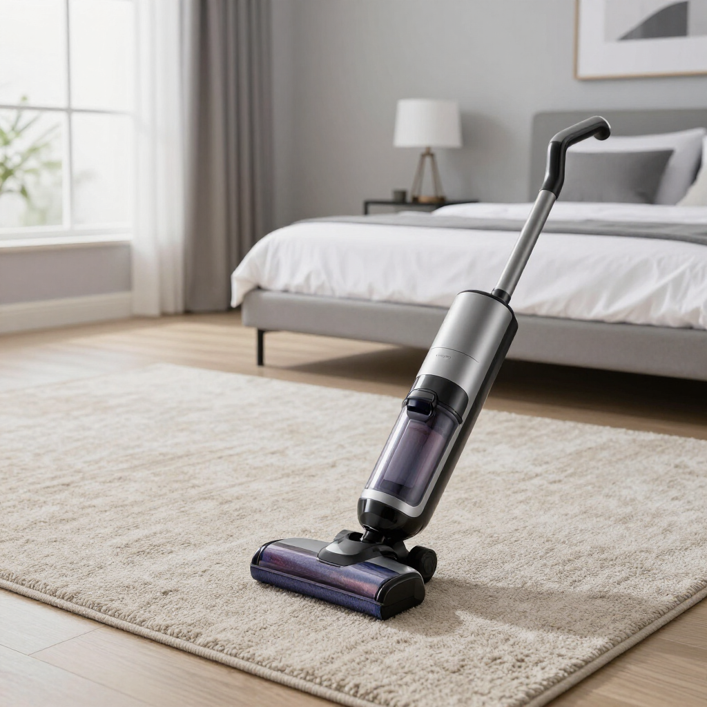Cordless stick vacuum cleaning a beige bedroom carpet beside a bed and window