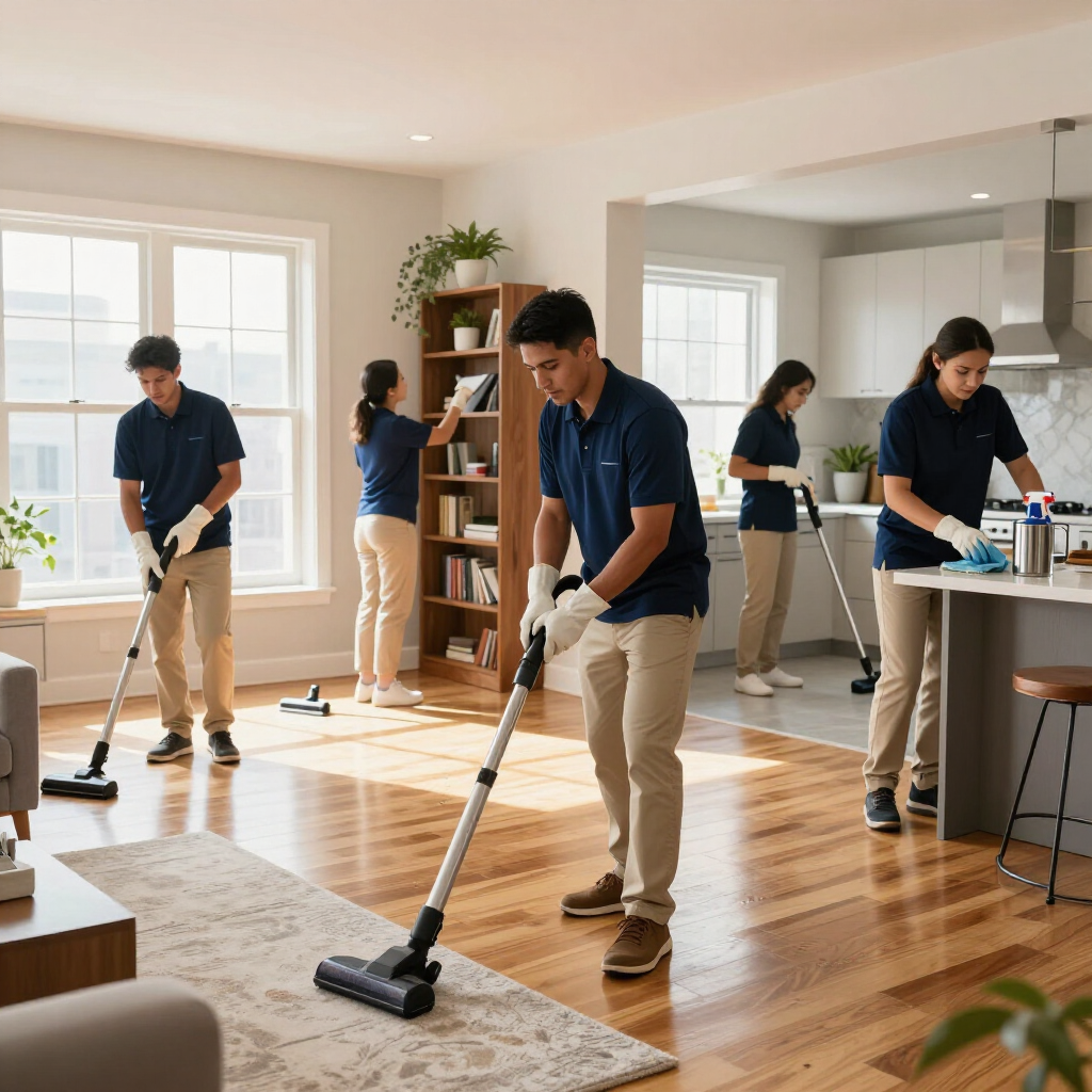 People cleaning a bright living room with brooms, vacuum, and dustpan near large windows